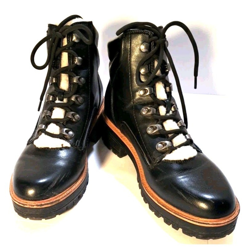 Women Black Leather Shearling Trim Combat Boots Lace Up Lug Sole Ankle Boots 8.5